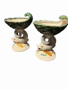 VINTAGE MAJOLICA Koi FISH Conch Shell Centerpiece Bowl Nautical Beach Teal White